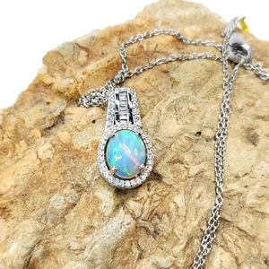 Ethiopian Welo Opal Zircon Pendant Necklace Platinum over Sterling Silver